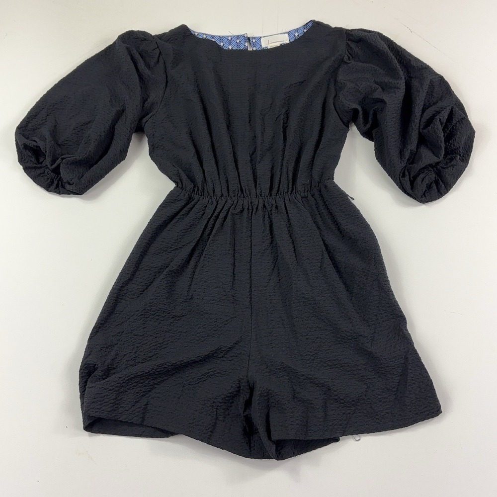 Anthropologie Romper Womens Medium Black Textured Puff 3/4 Sleeve Elastic Waist